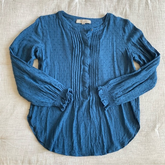 LOFT Blue Clip Dot Long Sleeve Blouse Lightweight Small Work Casual Madewell - Picture 1 of 11